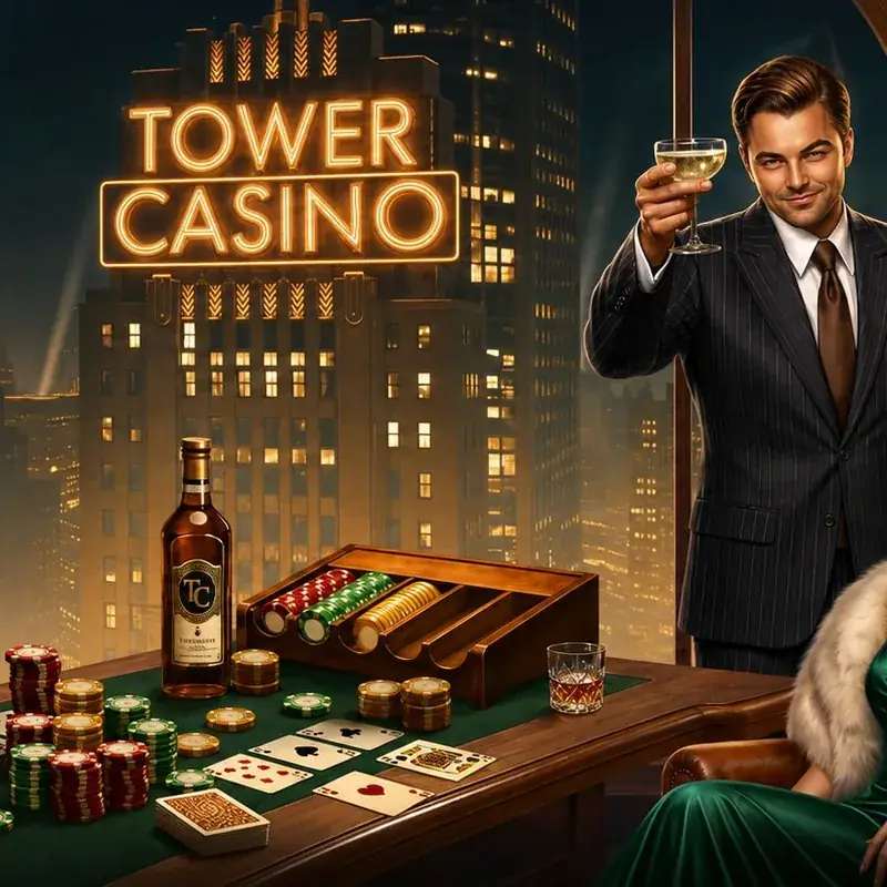 Spieler im Anzug erhebt ein Glas an einem Pokertisch, Neonschild von Tower Casino